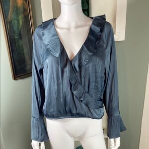 New NWT A New Day Elegant Blue Ruffled Women's Top Blouse Matte Satin Large L
